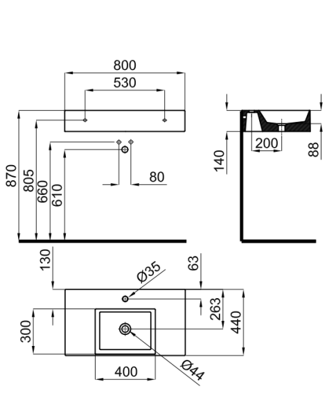 rysunek techniczny Essence C umywalka wisząca prostokątna 80 cm biały 100243636