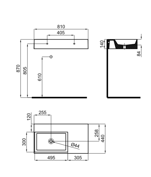 rysunek techniczny Essence C umywalka wisząca prostokątna lewa 80 cm biały 100272268