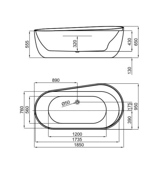 rysunek techniczny Liem wanna akrylowa wolnostojąca 185x95 biały błyszczący 100327686