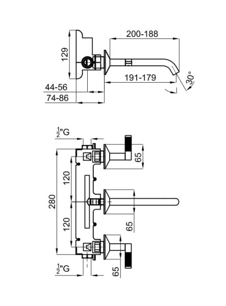 rysunek techniczny Lignage bateria umywalkowa podtynkowa 3-otworowa chrom 100241738
