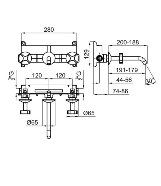 rysunek techniczny Lignage bateria umywalkowa podtynkowa 3-otworowa chrom carrary 100311365