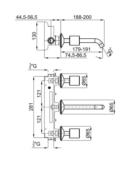rysunek techniczny Lignage bateria umywalkowa podtynkowa 3-otworowa chrom carrary 100324530