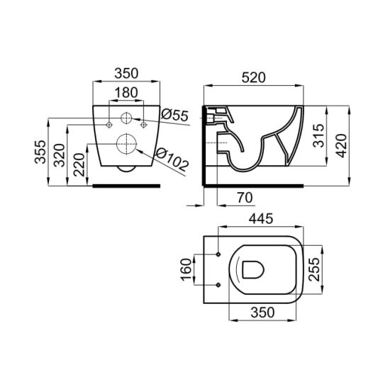 rysunek techniczny Lounge miska WC wisząca biały 100312634