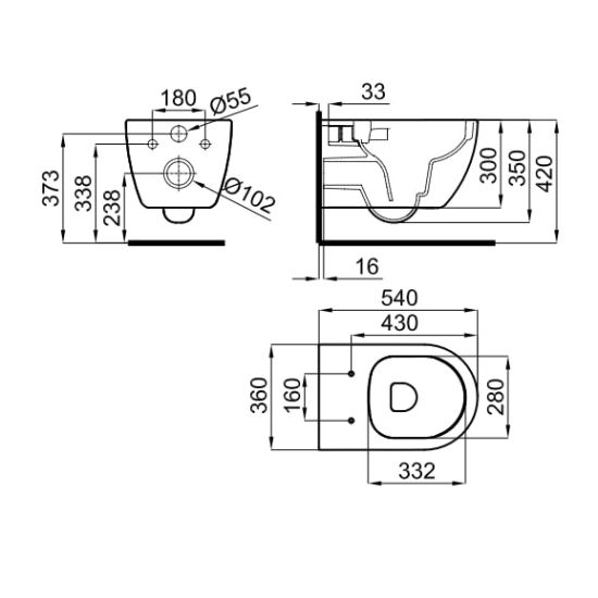 rysunek techniczny Lounge miska WC wisząca czarny mat 100311324