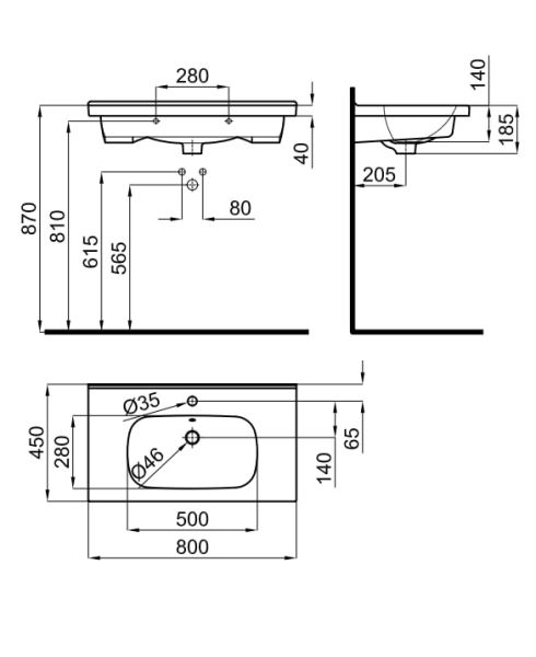 rysunek techniczny Nk Concept umywalka wisząca prostokątna 80 cm biały 100316804