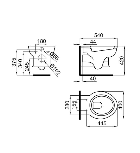 rysunek techniczny Noken Antic miska WC stojąca biały 100232021