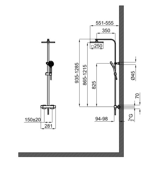 rysunek techniczny Tec Square zestaw prysznicowy termostatyczny z deszczownicą chrom 100220133