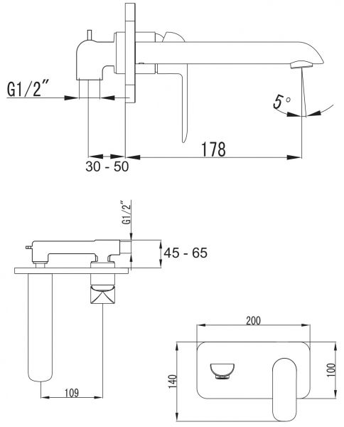 rysunek techniczny Sacramento bateria umywalkowa podtynkowa chrom SC2315CR