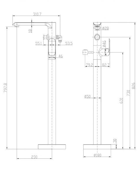 rysunek techniczny Sacramento bateria wannowo-prysznicowa wolnostojąca chrom SC2333XCR
