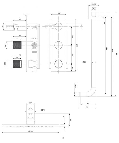 rysunek techniczny Contour system prysznicowy podtynkowy chrom SYSCT10CR