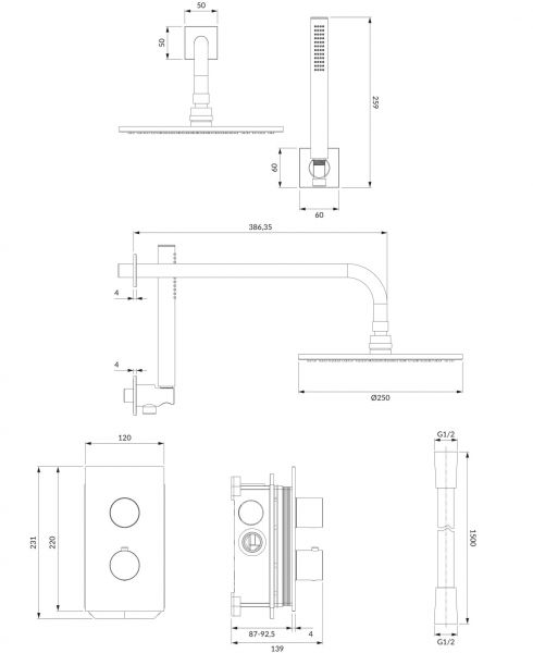 rysunek techniczny Contour system prysznicowy podtynkowy termostatyczny chrom SYSCT11CR