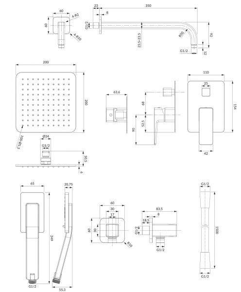 rysunek techniczny Parma zestaw prysznicowy podtynkowy czarny mat SYSPM10BL