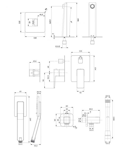 rysunek techniczny Parma zestaw wannowy podtynkowy czarny mat SYSPMW01BL