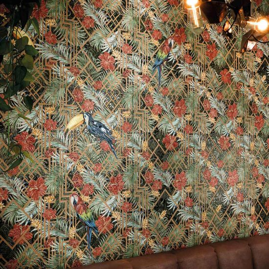 ściana wyłożona Aparici Tropical Tucanas Shiny 30,5x30,5 płytki z motywem tropikalnym