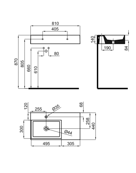 rysunek techniczny Essence C umywalka nablatowa/wisząca prostokątna lewa 80 cm biały mat 100285136