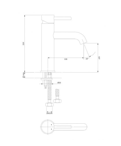 rysunek techniczny Y bateria umywalkowa stojąca 21 cm chrom Y1213MAXCR