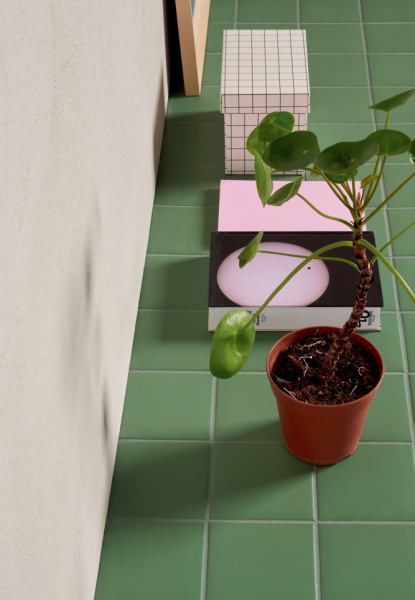 Pomieszczenie, na podłodze kwiat z doniczką, książki, ozdobne pudełko, ściana wyłożona białymi płytkami, na podłodze płytki Pixel41 38 Frog 11,55x11,55 płytka dekoracyjna